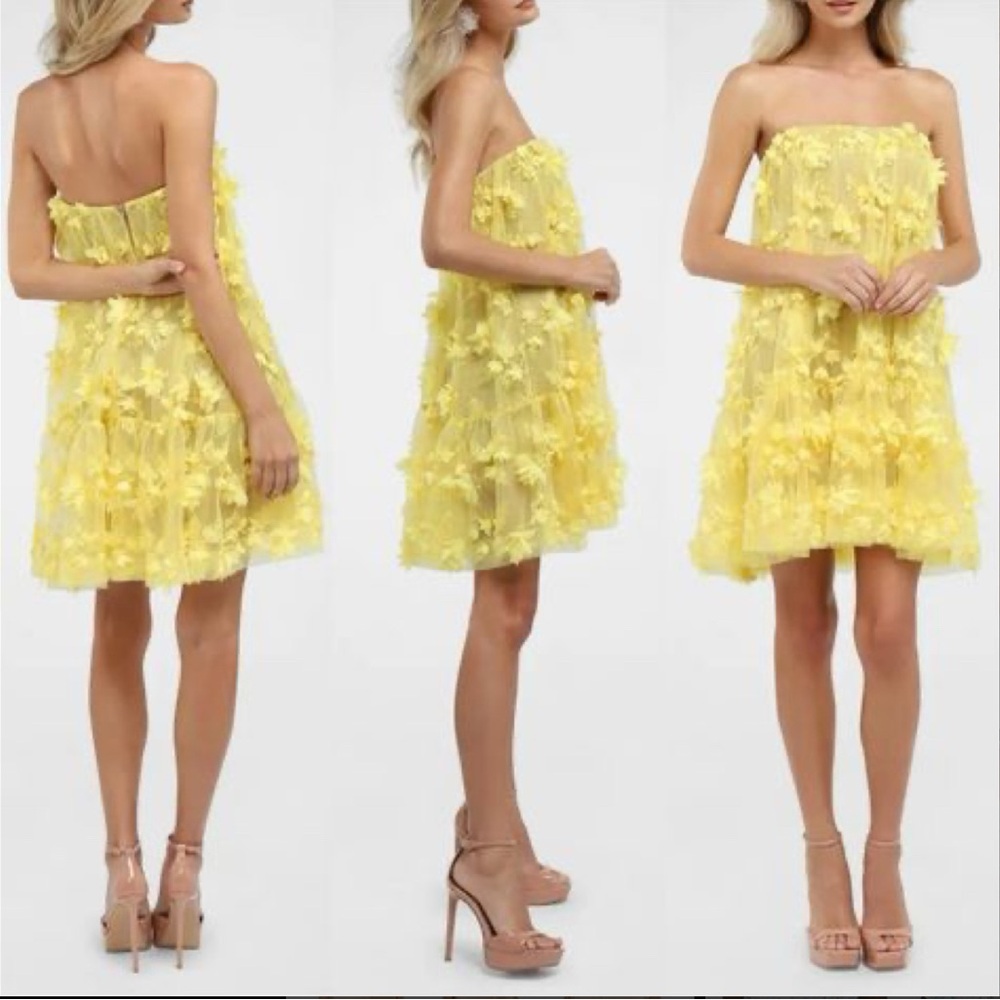 HELSI “Bianca” Strapless Floral Applique Mini Dress in canary yellow